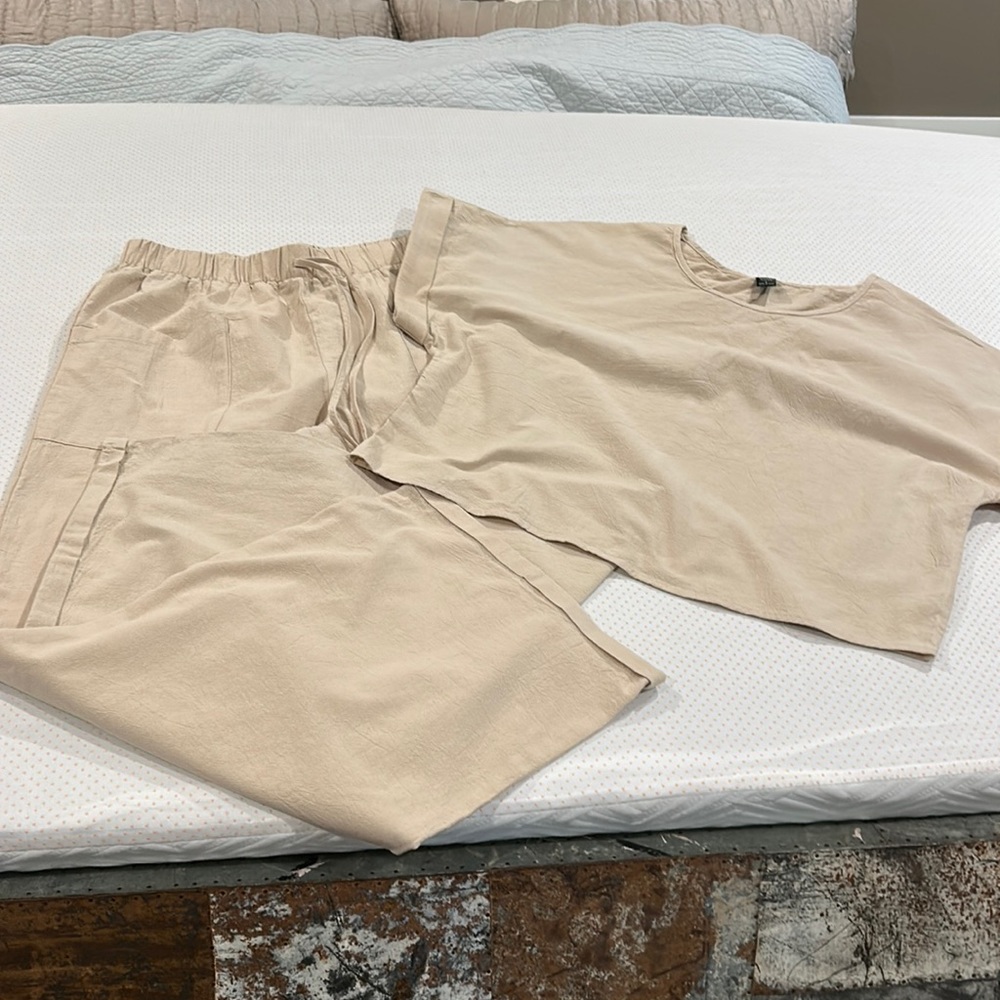 Beautiful cream, two piece pant outfit linen like material